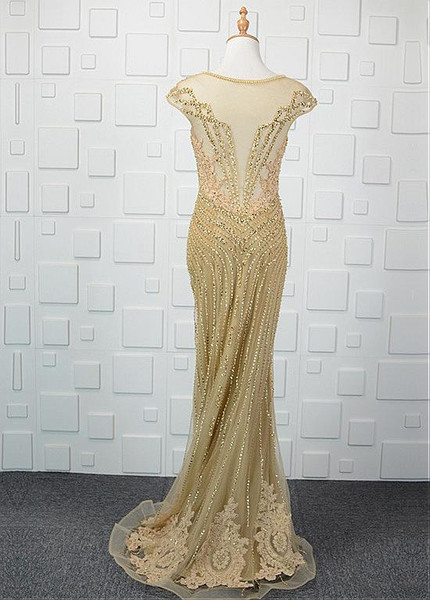 Tulle V-neck Gold Long Sheath/Column Formal Dress