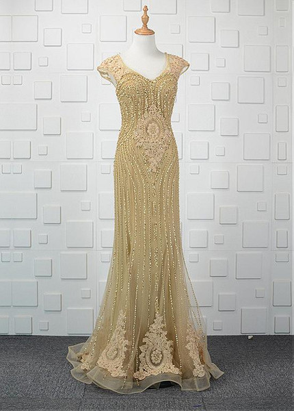 Tulle V-neck Gold Long Sheath/Column Formal Dress