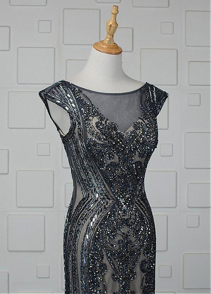 Beading Tulle Bateau Long Blue Mermaid Prom Dress