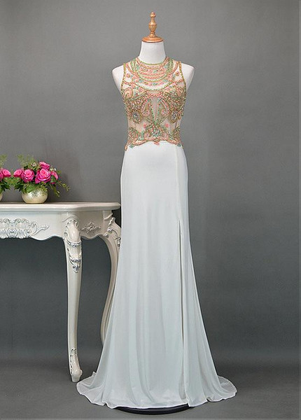 White Tulle & Chiffon Jewel Long Backless Sheath/Column Evening Dress