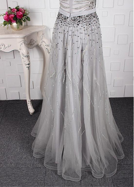 Beading Sheer Back Tulle Jewel Long Gold A-line Prom Dress