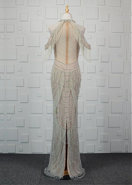 Beading Champagne Tulle High Collar Sheath/Column Prom Dress