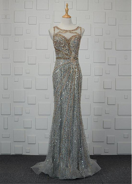 Beading Lace & Tulle Bateau Long Sparkle Mermaid Evening Dress