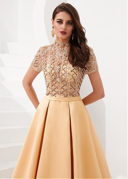 Gold Tulle & Satin High Collar Floor-length Beading A-line Prom Dress