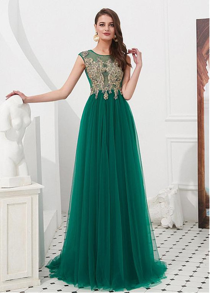  Tulle Jewel Green Lace Appliques Detachable Shawl A-line Prom Dress