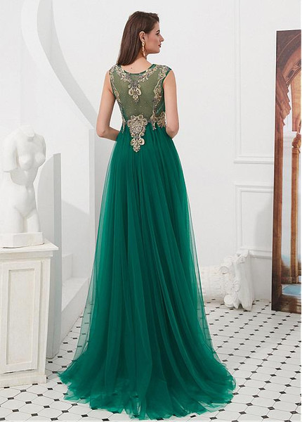  Tulle Jewel Green Lace Appliques Detachable Shawl A-line Prom Dress