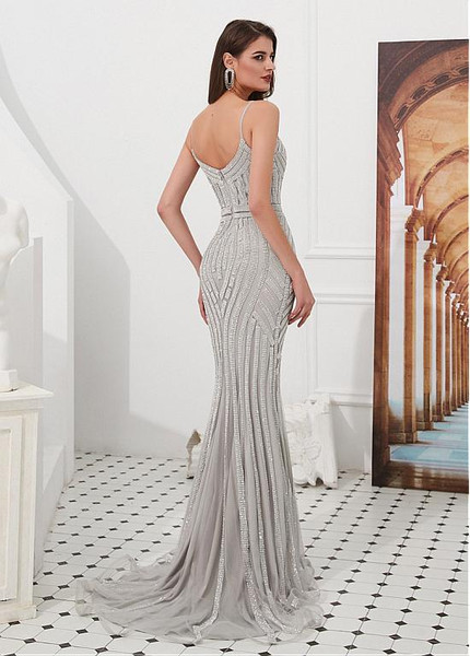 Gold Tulle Spaghetti Straps Rhinestones Long Mermaid Evening Dress