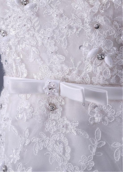  Lace Appliques Tulle Off-the-shoulder Long Bowknot Mermaid Wedding Dress 