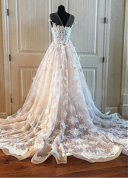 Beaded Handmade Flowers & Lace Appliques Tulle Jewel Long A-line Wedding Dress 