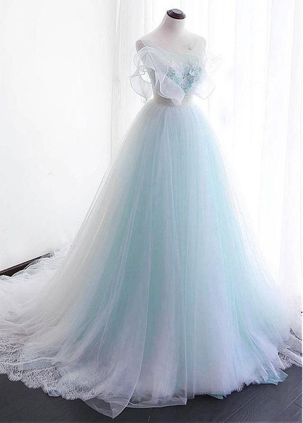  Organza Scoop Blue A-line 3 D Flowers Wedding Dress 
