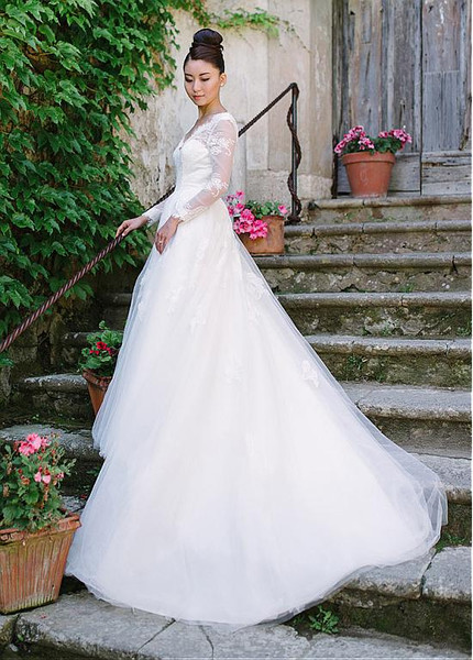 Long Sleeves Lace & Tulle V-neck Lace Appliques A-line Wedding Dress 