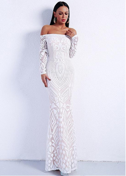 Sequin Lace Off-the-shoulder Black Long Sleeves Sheath Column Evening Dress