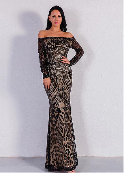 Sequin Lace Off-the-shoulder Black Long Sleeves Sheath Column Evening Dress