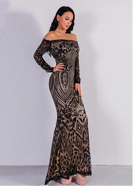 Sequin Lace Off-the-shoulder Black Long Sleeves Sheath Column Evening Dress