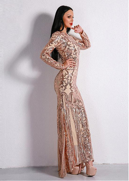 Sequin Lace Jewel Long Sleeves  Mermaid Evening Dress
