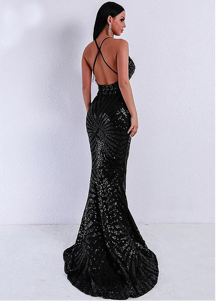 Sequin Spaghetti Straps Black Mermaid Evening Dress
