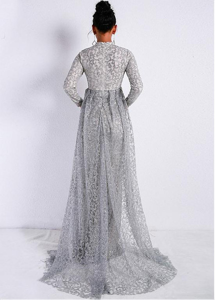 Sparkling Long Sleeves Tulle High Collar A-line Evening Dresses