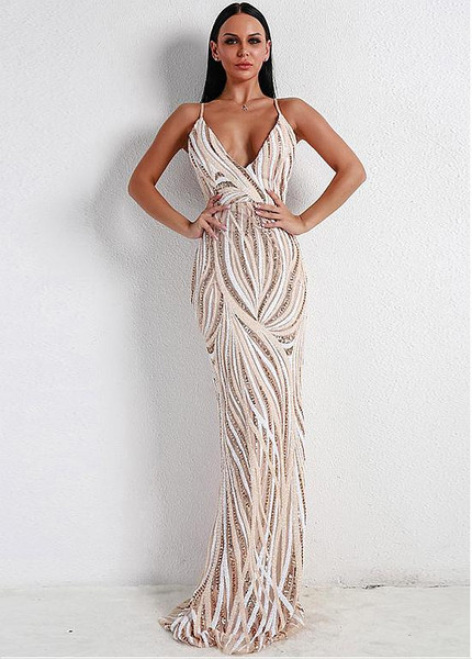 Champagne Sequin Spaghetti Straps  Sheath Column Prom Dress