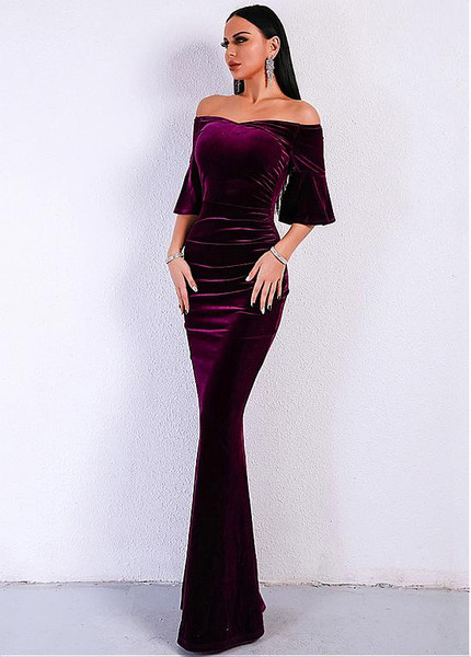Velvet Off-the-shoulder Purple  Floor-length Mermaid Evening Dress