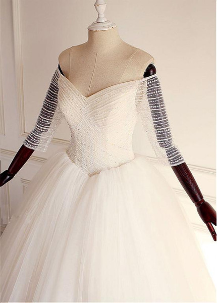 Tulle Off-the-shoulder  Beadings Ball Gown Wedding Dress