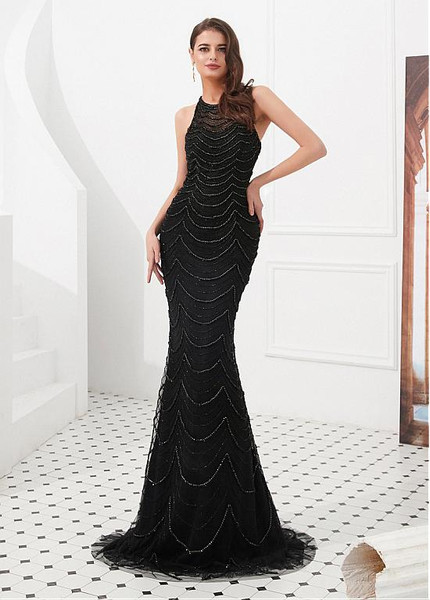  Tulle & Satin Jewel Beading Black Floor-length Mermaid Evening Dress