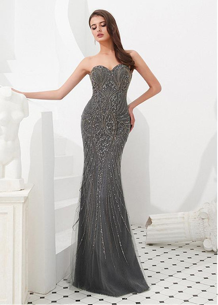  Sweetheart Silver Mermaid Evening Dress With Detachable Shawl