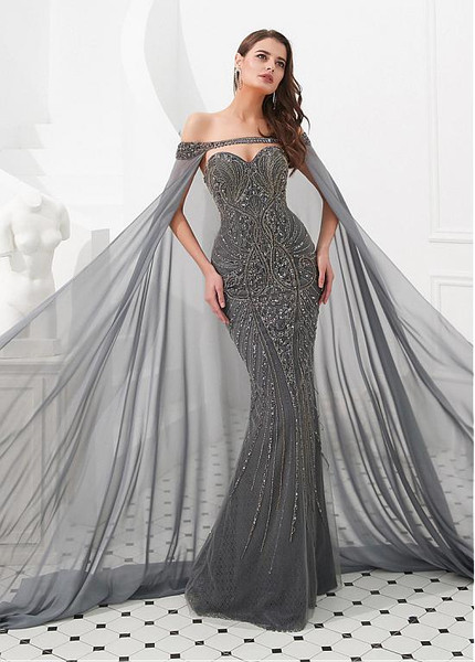  Sweetheart Silver Mermaid Evening Dress With Detachable Shawl