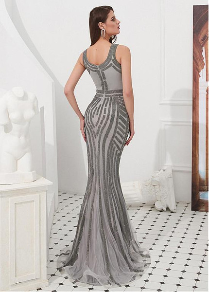 Silver Tulle V-neck Rhinestone Floor-length Mermaid Evening Dress
