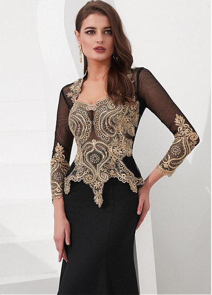 Spandex V-neck Black Mermaid Evening Dresses With Lace Appliques & Detachable Shawl