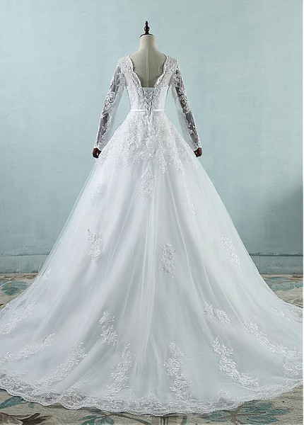 Lace Appliques & Belt & Bowknot Tulle Jewel Long Sleeve A-line Wedding Dress