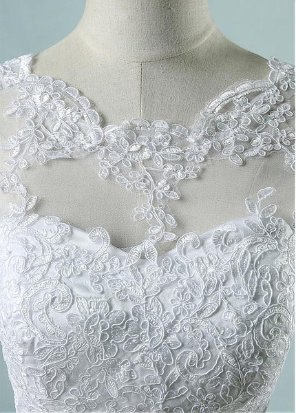 Lace Appliques & Belt & Bowknot Tulle Jewel Long Sleeve A-line Wedding Dress