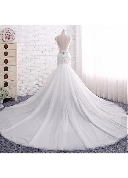  Tulle Spaghetti Straps Beading Backless Mermaid Wedding Dress