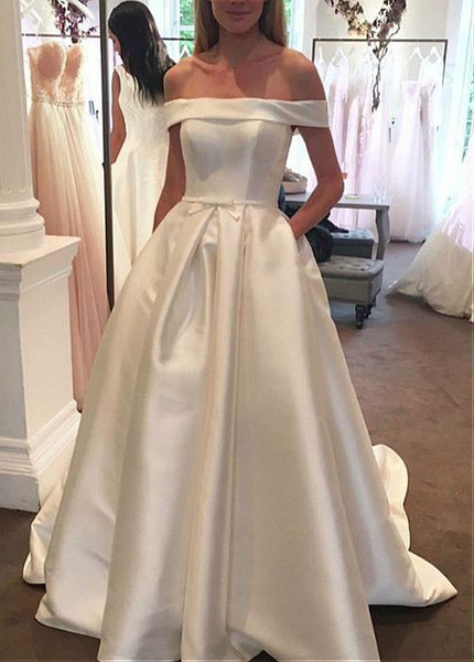 Satin Off-the-shoulder Belt & Pockets A-line Wedding Dress