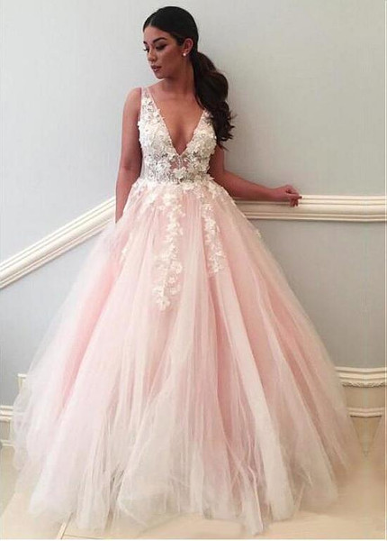  Tulle V-neck Pink Handmade Flower Beading Floor-length A-line Prom Dress
