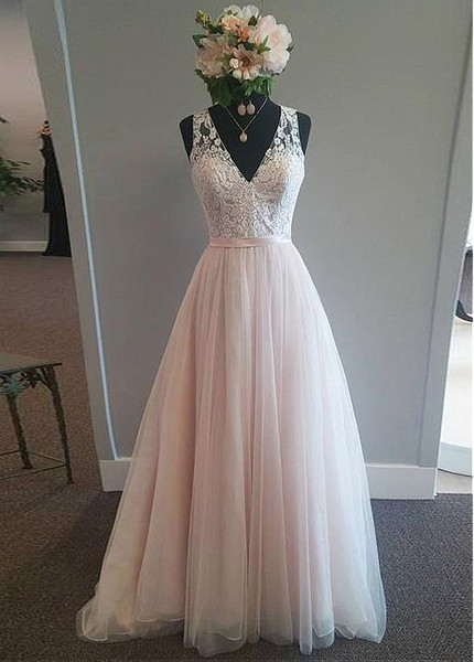 Pink  V-neck  A-Line Wedding Dress With Lace Appliques