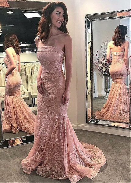 Lace Strapless Burgundy Mermaid Evening Dresses