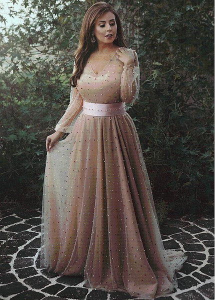 Tulle V-neck Long Sleeve Champagne Beading Floor-length A-line Evening Dress Belt