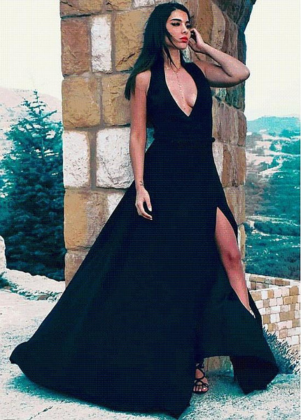 Spandex V-neck Black A-Line Evening Dress With Belt & Slit