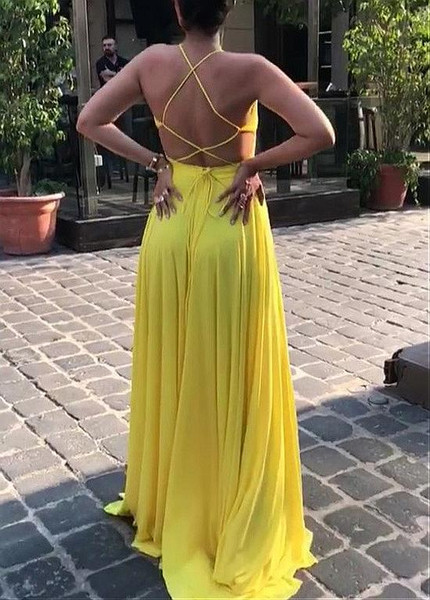 Silk Like Chiffon Halter Yellow Backless A-line Evening Dress
