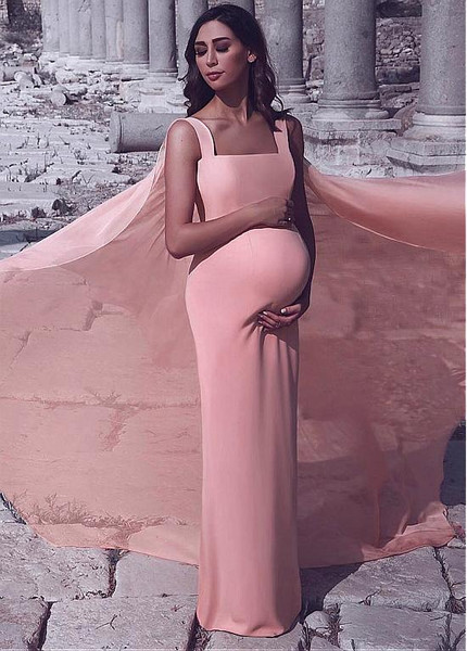Spandex & Chiffon Square Pink Sheath Column Evening Dress With Shawl