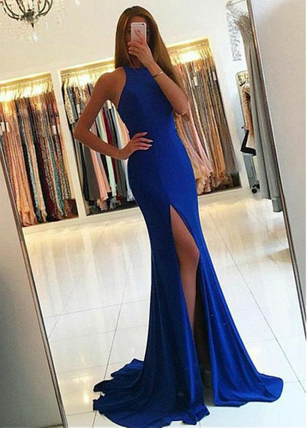 Spandex Jewel Blue Floor-length Mermaid Evening Dress
