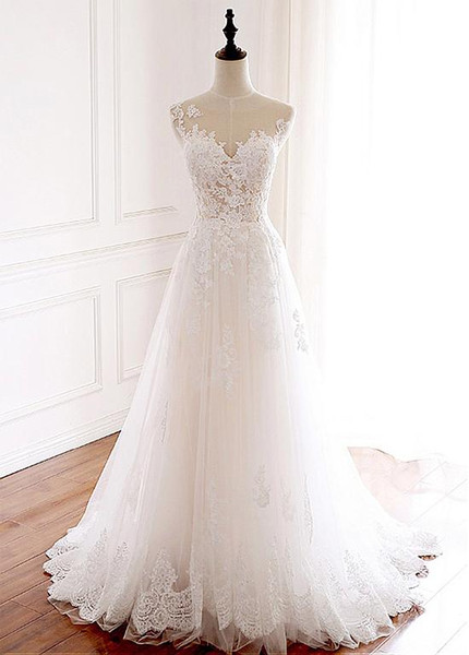 Tulle Jewel Long  A-line Wedding Dress With Lace Appliques