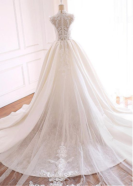  Satin Illusion High Collar Beadings Ball Gown Wedding Dress 