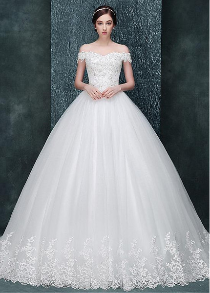 Tulle Off-the-shoulder Beading Appliques  Ball Gown Wedding Dress