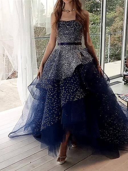 Strapless Navy Tulle Silver Beading Sequin Ball Gown Prom Dress