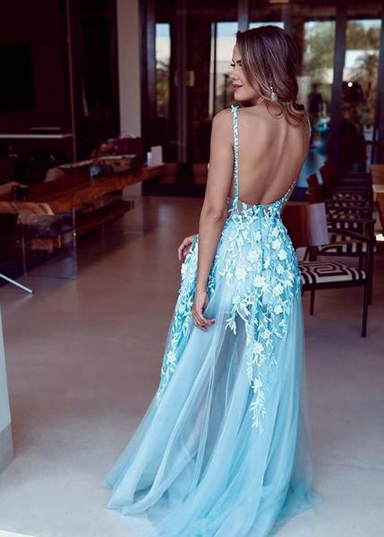 Applique Illusion Pale Blue Tulle Lace A-Line Prom Dress