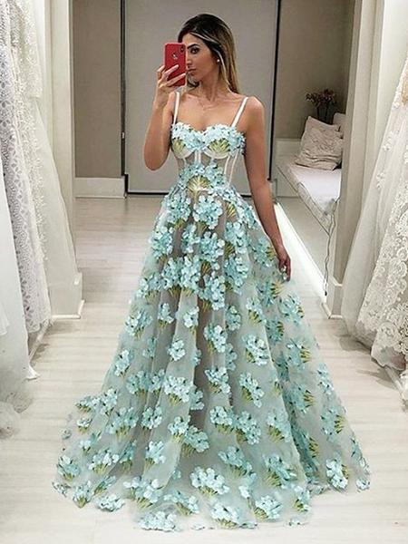 Floral Organza Tiffany Blue Illusion Spaghetti Strap Prom Dress