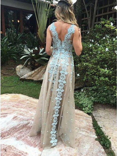 Backless Tulle Blue Applique A-Line Sleeveless Prom Dress