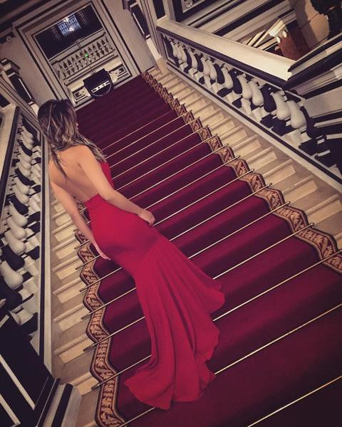 Red Jersey High Neck Halter Mermaid Backless Prom Dress