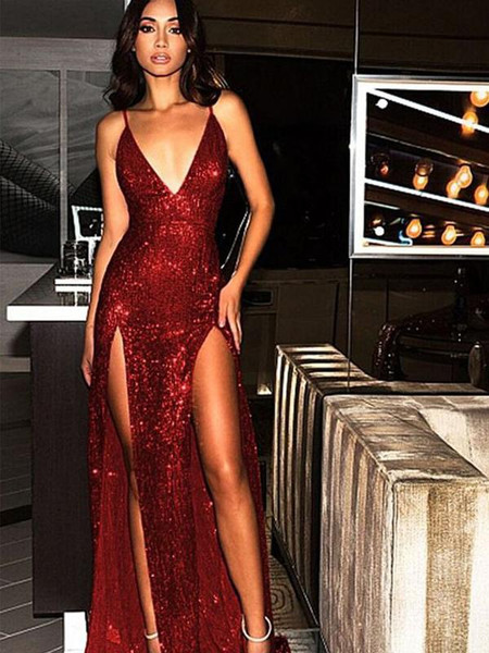 Sexy Red Sequin Spaghetti Strap Backless Silt Prom Dress